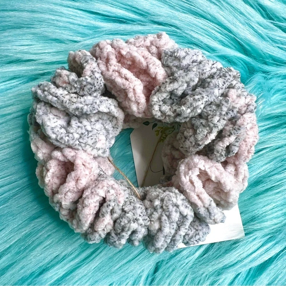 Handmade Crochet VELVET Dusty Rose Stretchy Hair Scrunchie PinkRainCloud